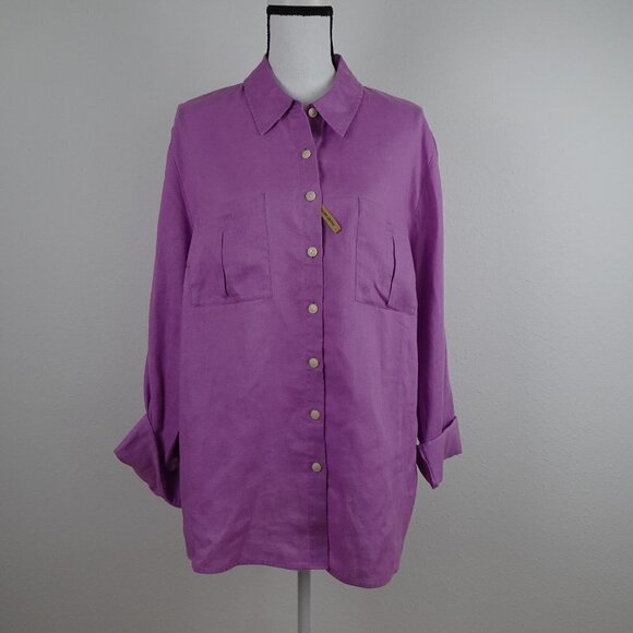 Investments Linen Blouse Top Women's 18W Purple Roll Tab Sleeves - Picture 1 of 9